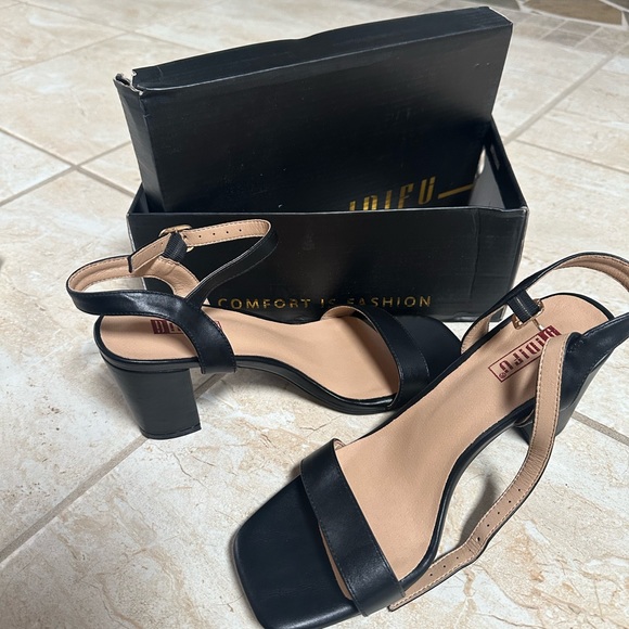 Women's Chunky Heels Square Toe block Sandals Wedding Prom - black pu leather 7 - Picture 4 of 8